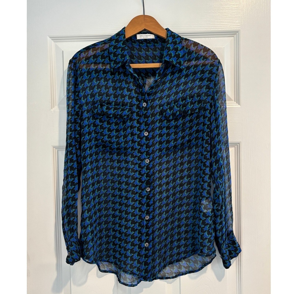 Equipment Femme 100% Silk Signature Blouse Size Small Blue Green Houndstooth